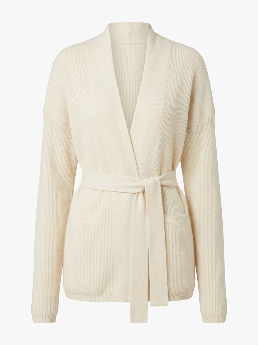 Cream-colored Eloise  100% Cashmere Ribbed Cardigan with a belt on a white background