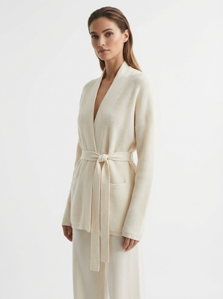 Woman wearing a cream-colored Eloise  100% Cashmere Ribbed Cardigan on a white background
