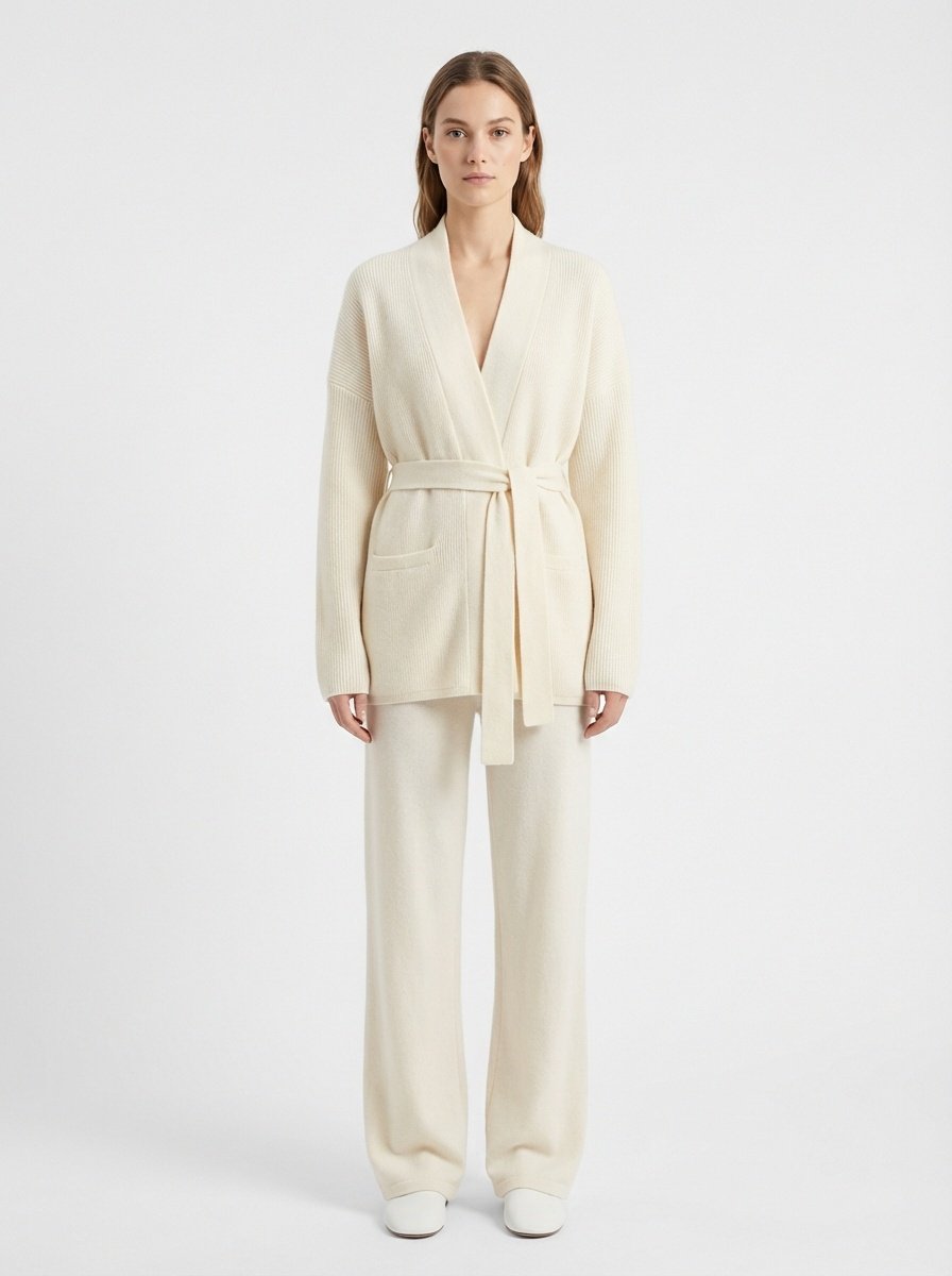 Woman wearing a cream-colored Eloise 100% Cashmere Ribbed Cardigan on a white background
