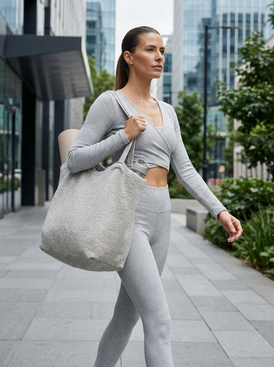 Jess Cashmere Wool Blend Knit Tote Bag-Grey