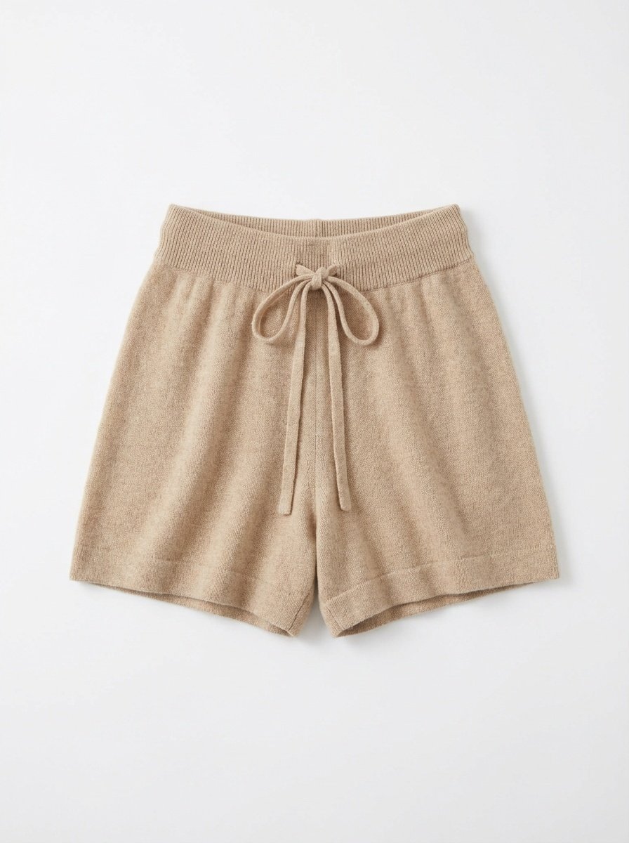 Beige shorts with a drawstring on a white background