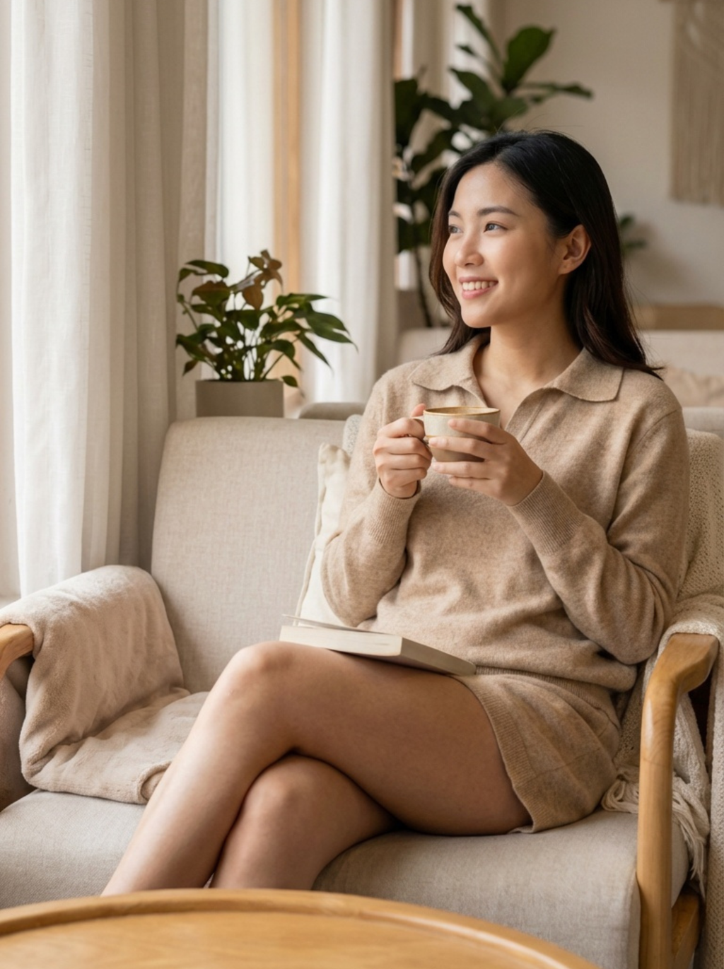 Woman wearing Lena 100% Cashmere set sitting on a couch holding a cup in a cozy living room.