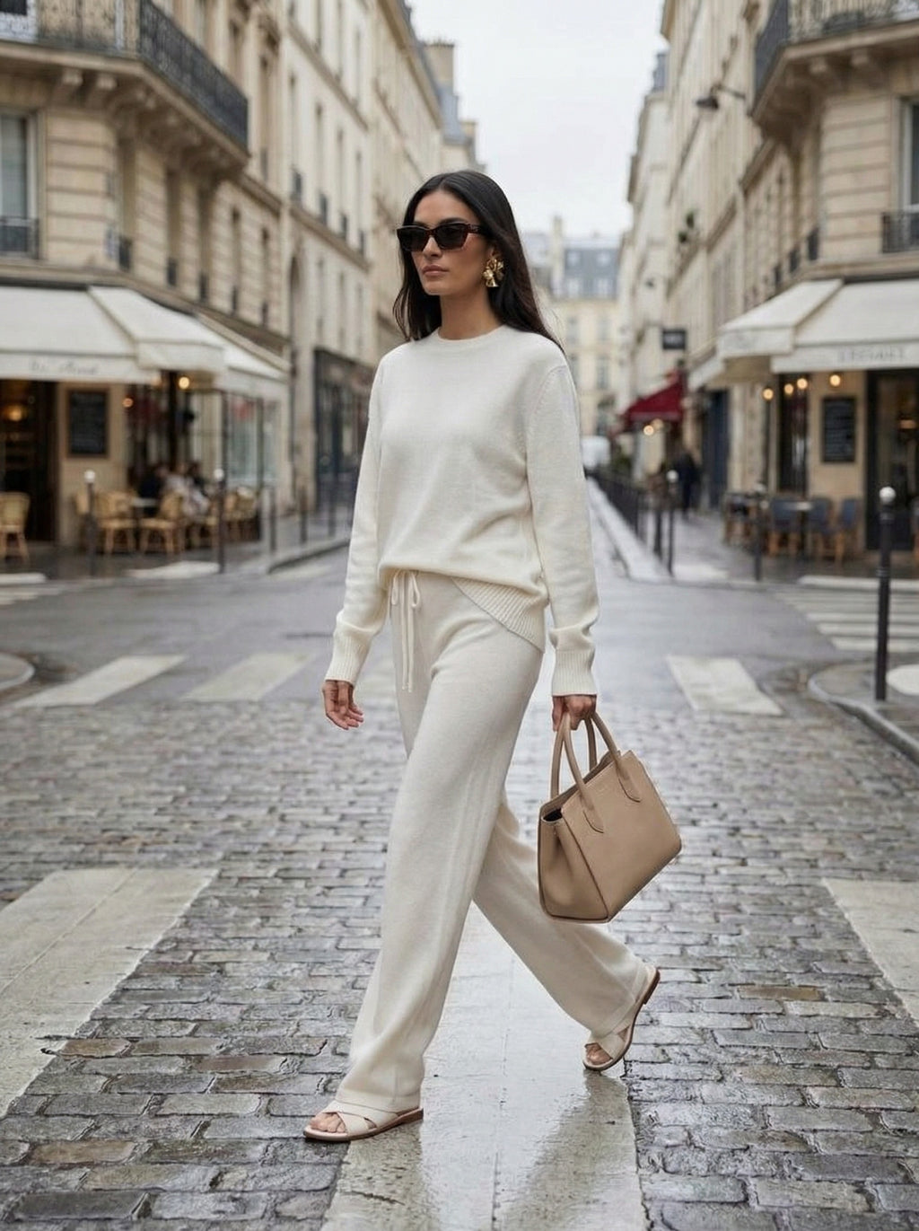 Woman in a white outfit walking down a city street.