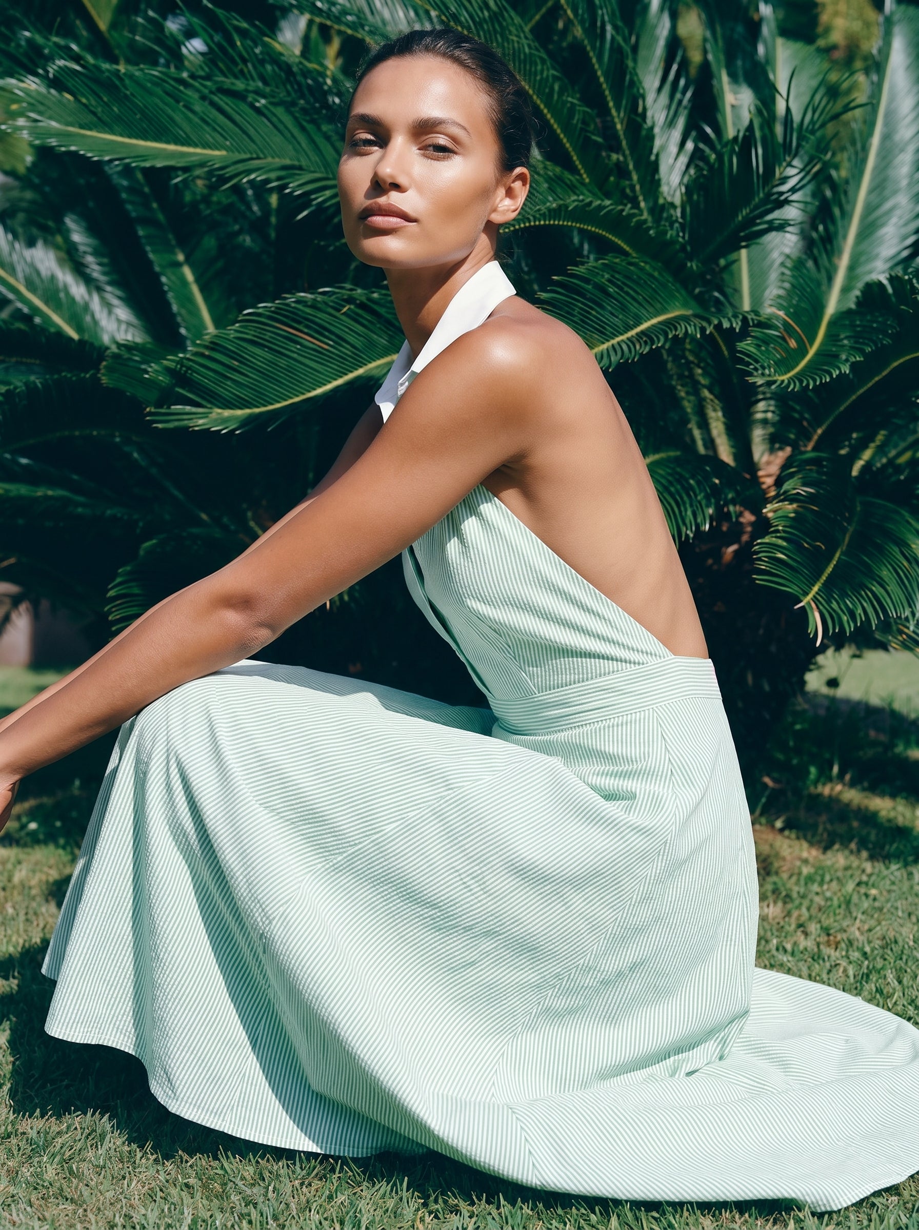 Florence 100% Cotton Open Back Dress - Green