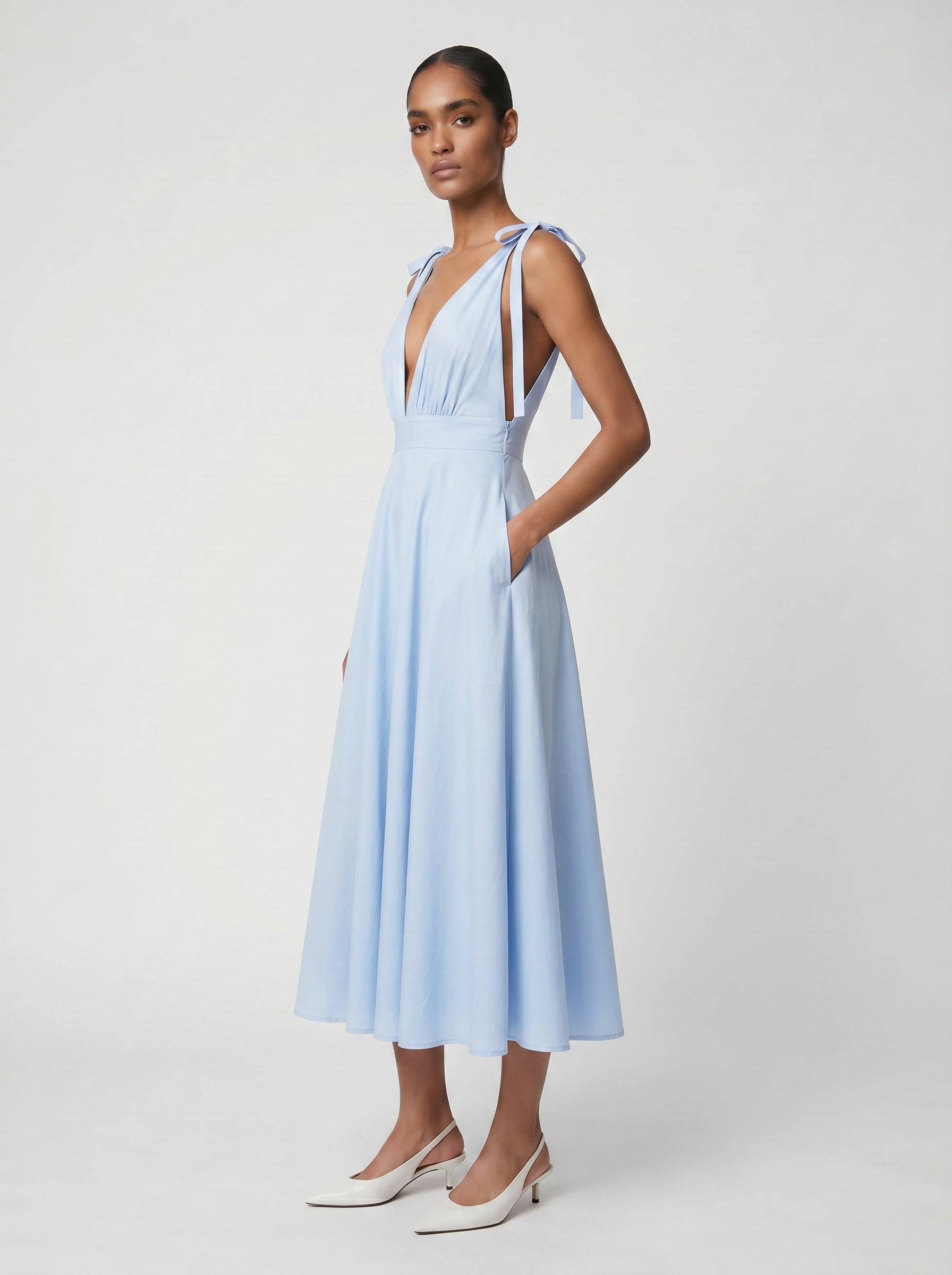 Lily 100% Cotton Tie Shoulder Dress- Blue