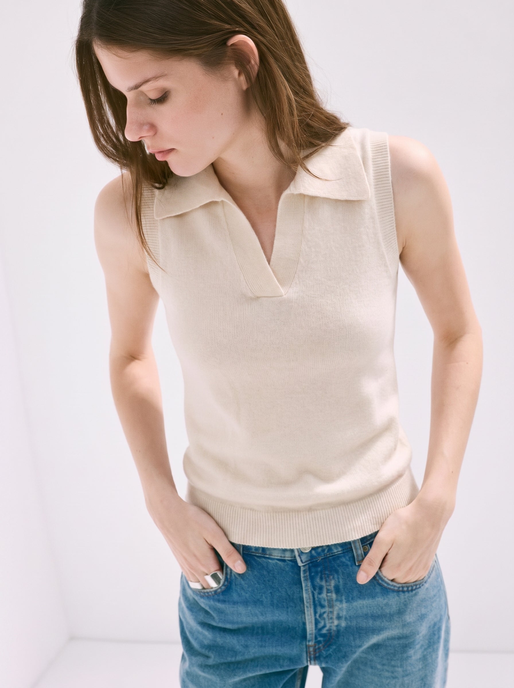 Colette 100% Sleeveless Cashmere Polo Neck Top