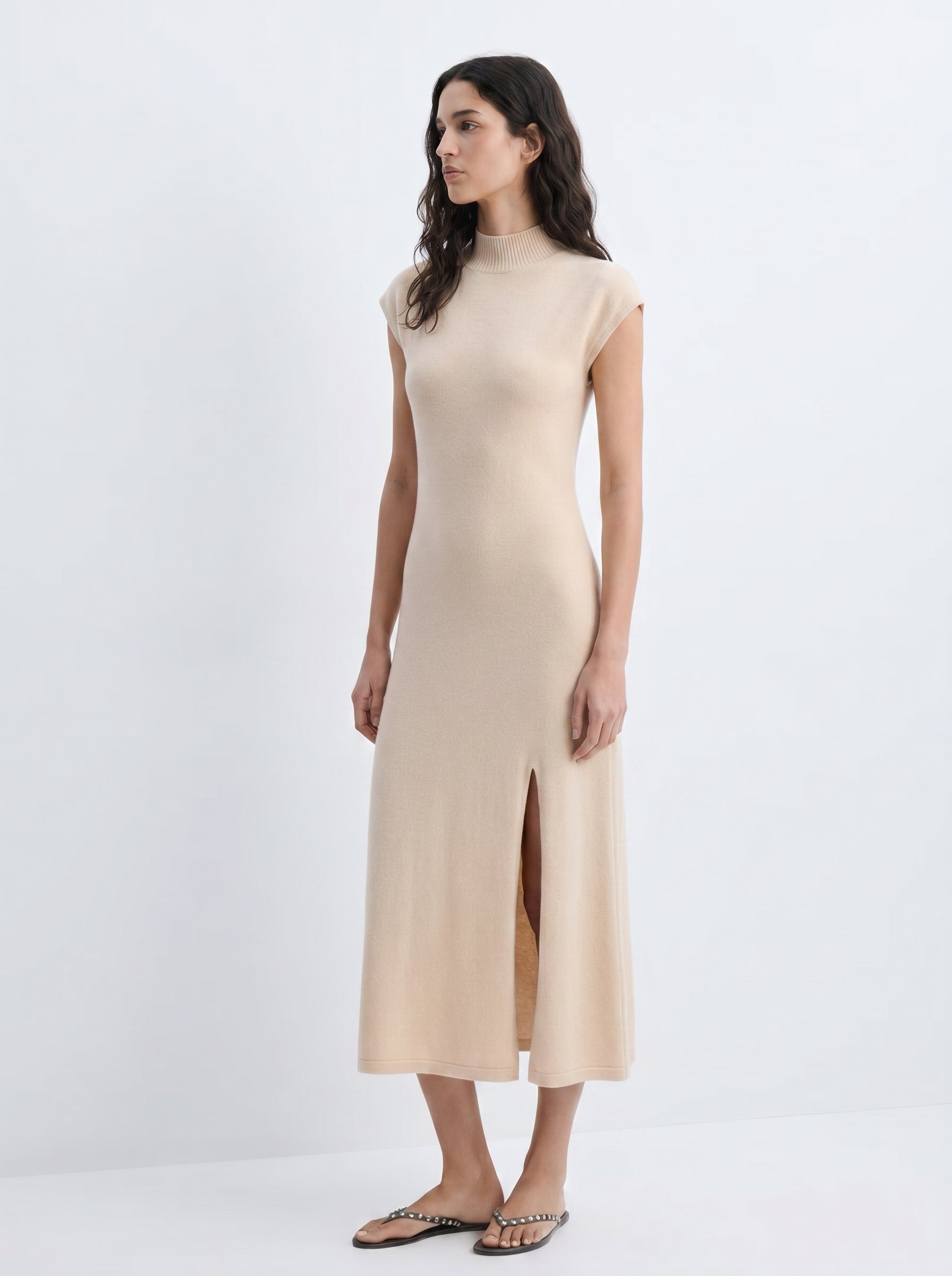 Margaux 100% Cashmere Open Back Dress-Beige